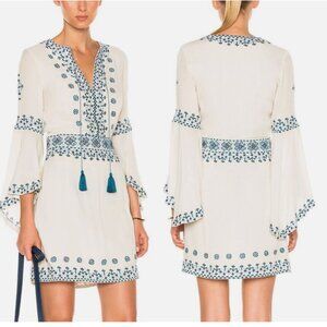 Talitha Anya Dress Embroidered Pure Silk Mini Bell Sleeve Floral Ivory Blue XS